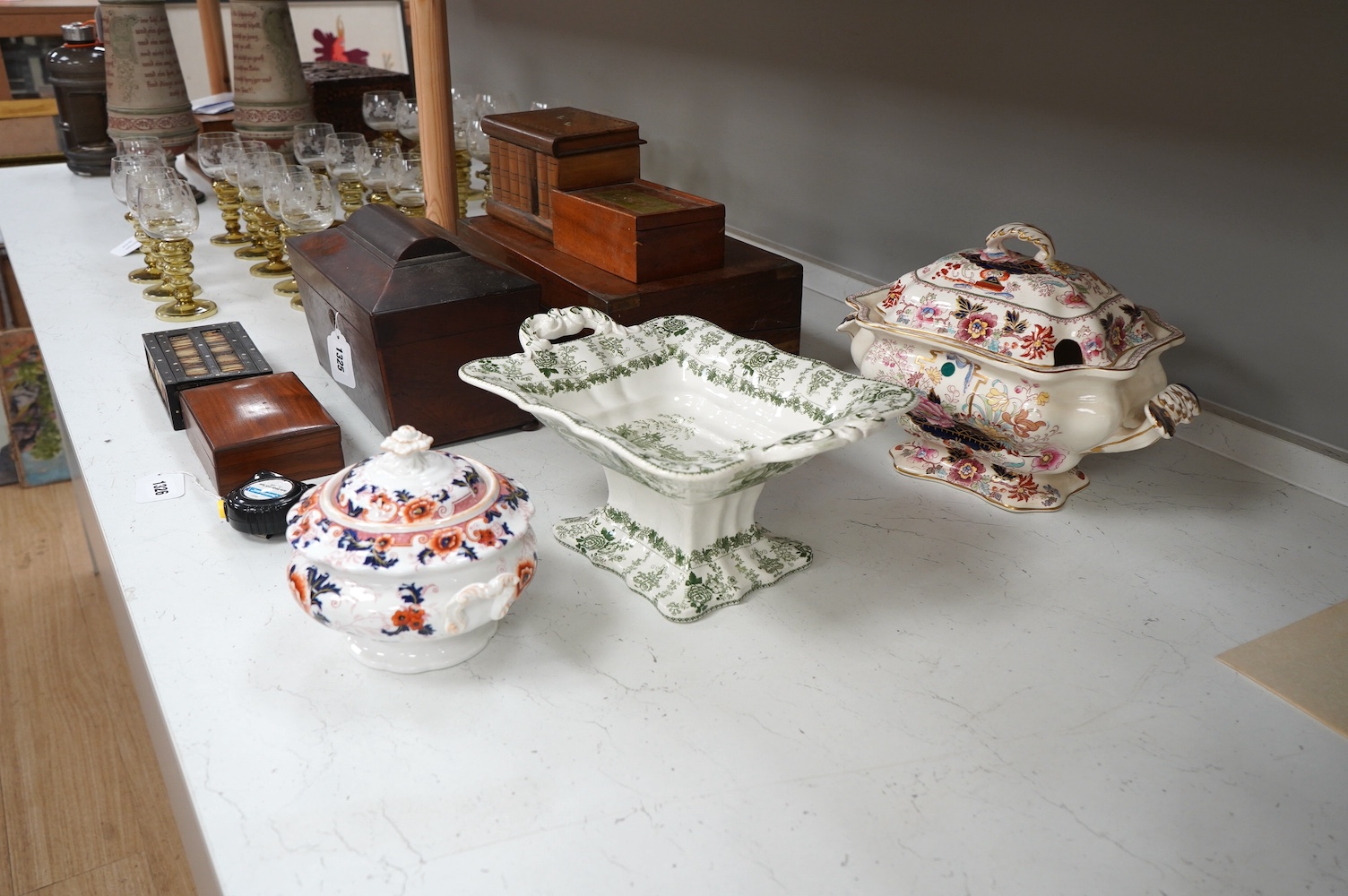 A Mason's ironstone tureen and cover, early 20th century, a Victorian Peking comport and a floral bowl and cover, largest 33cm (3). Condition - good